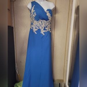 One Shoulder Blue Dress with Silver Detailing
